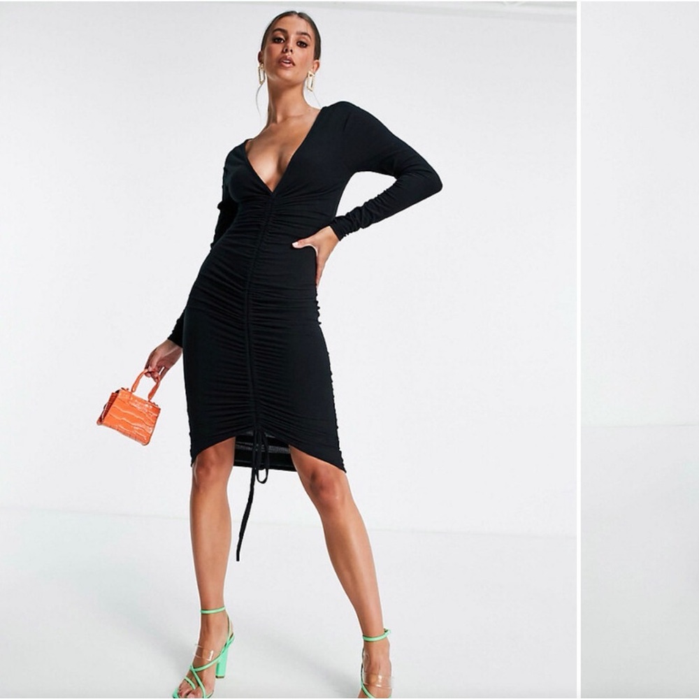 Club L London Ruched bodycon front long-sleeve cognac brown dress